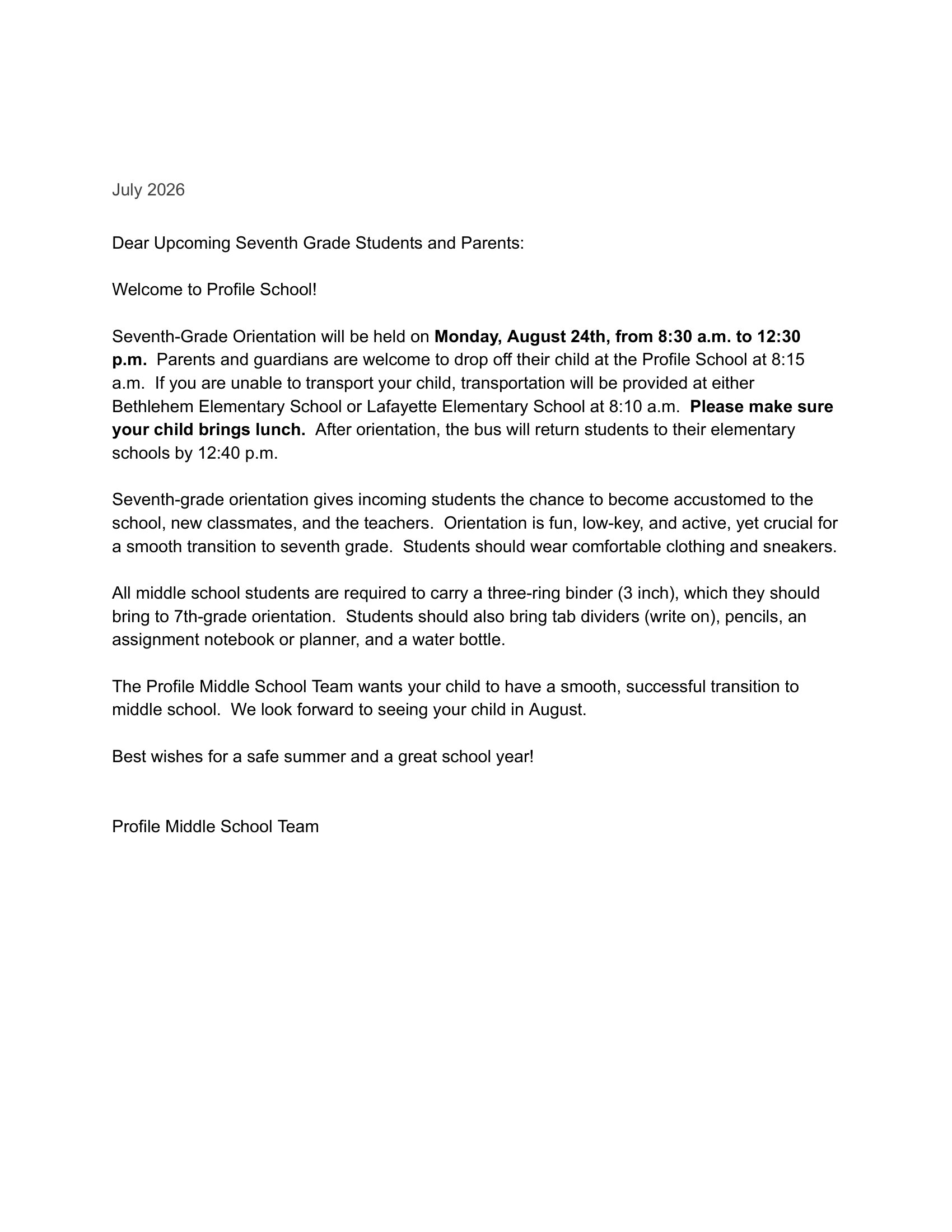 letter about orientation